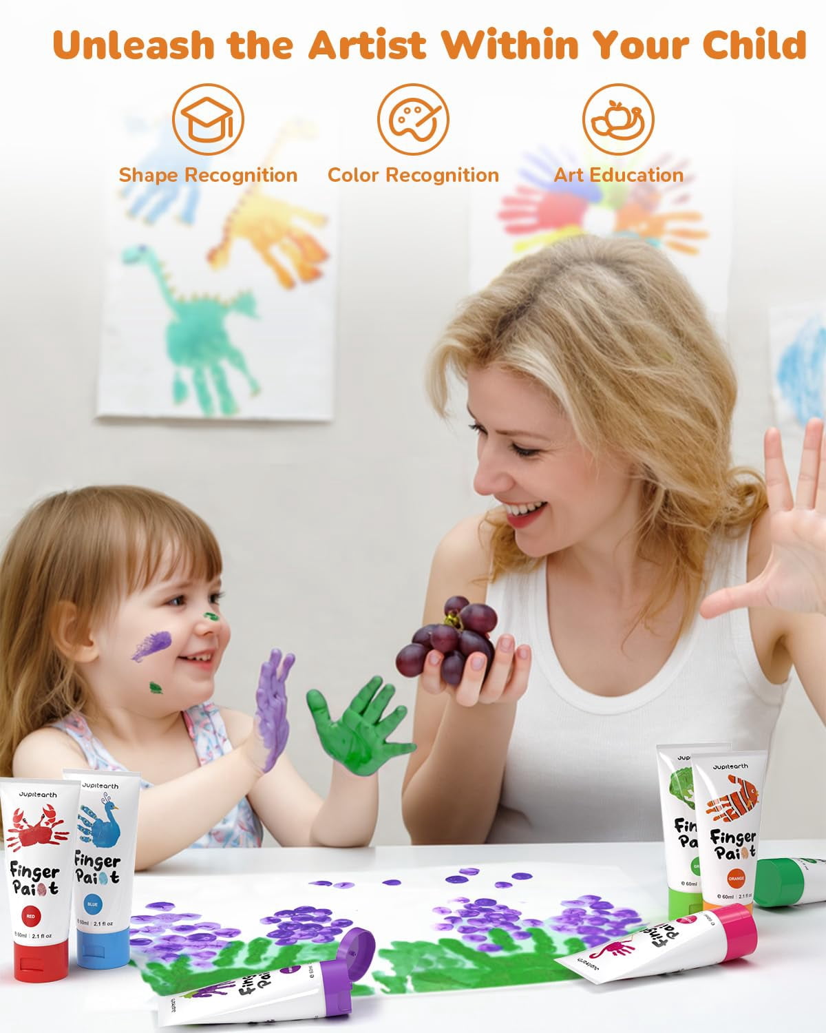 Jupitearth 28 PCS 60ml Finger and Washable Paint,Non-Toxic 12Vibrant Colors,Palette,Apron,Brush,Eye Stickers,Paints for Hand and Feet,Art Supplies