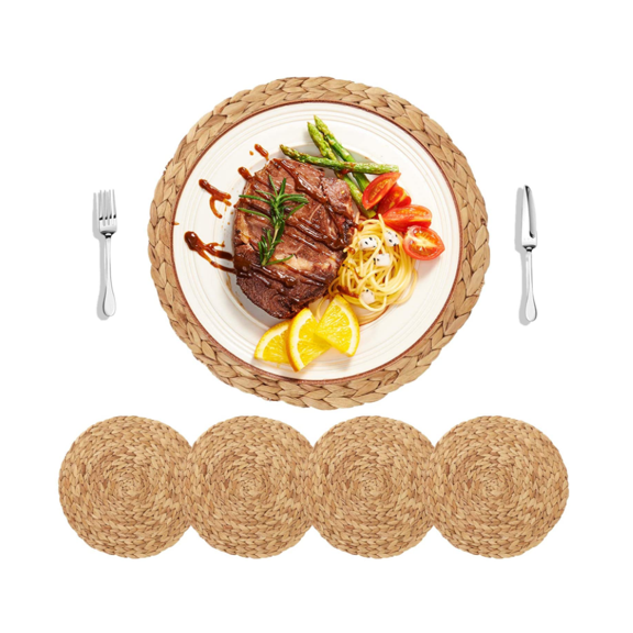 Topboutique Round Woven Placemats for Dining Table, Water Hyacinth Straw Braided Placemat, Heat Resistant Non-Slip Weave Placemats Handmade (Water Hyacinth-4pack,Round 30cm)