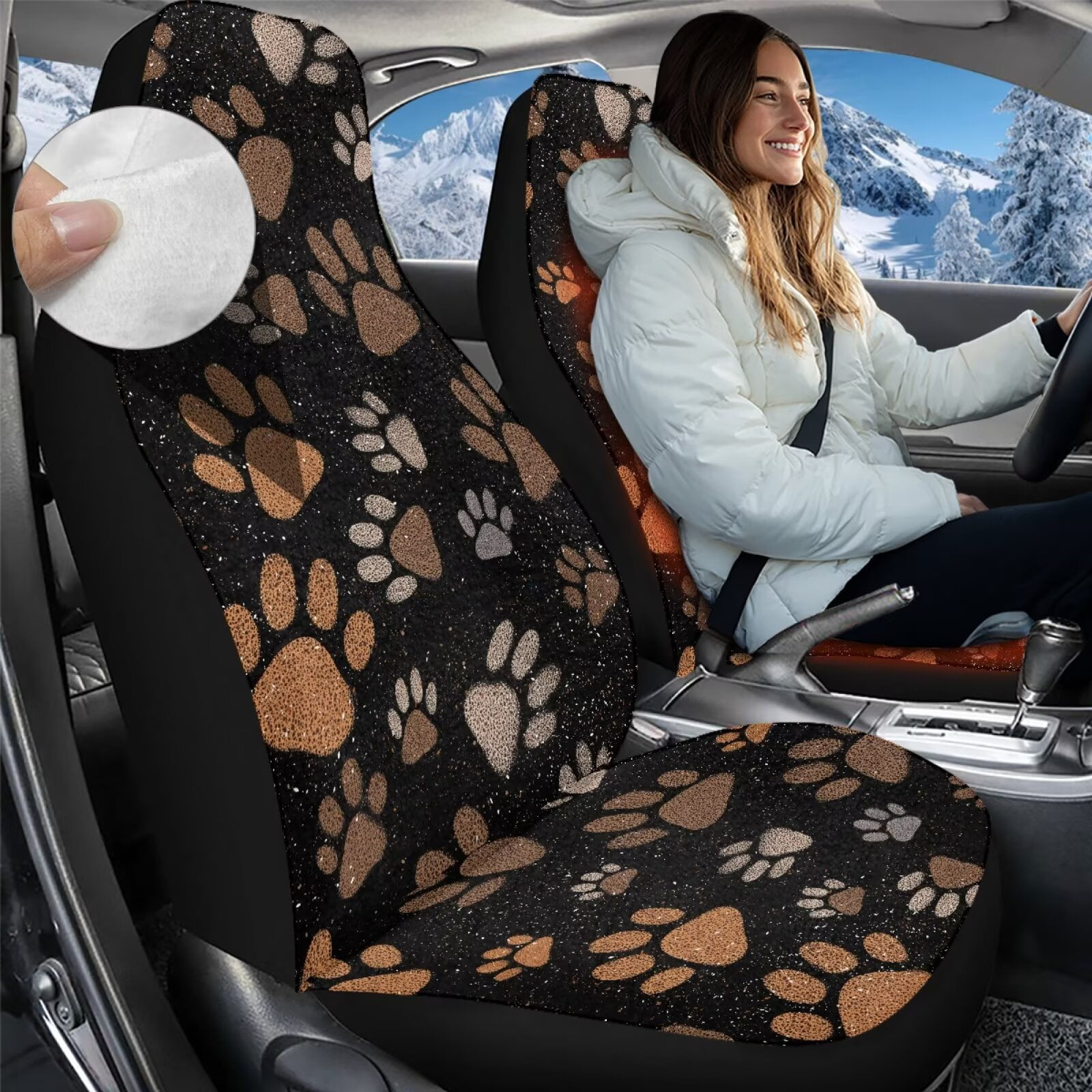 Uorisanigo Car Seat Cover Set of 2, Flurry High Back Front Seat Covers for Women Men, Brown Dog Paw Bucket Seats Cushion Universal Fit for SUVs/Vans/Trucks, Car Interior Set