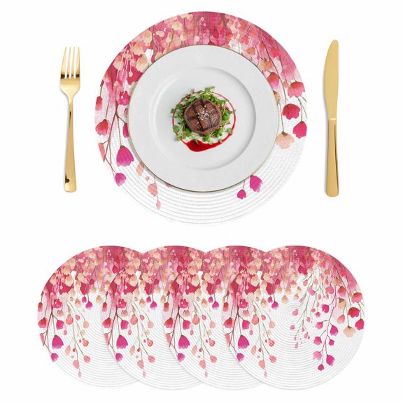 Spring Pink Wisteria Flowers Round 13 Inch Placemats Set of 4, Rustic Floral Branches HeatResistant Non Slip Place Mats for Dining Table, Wipeable Braided Kitchen Table Mats for Housewarming
