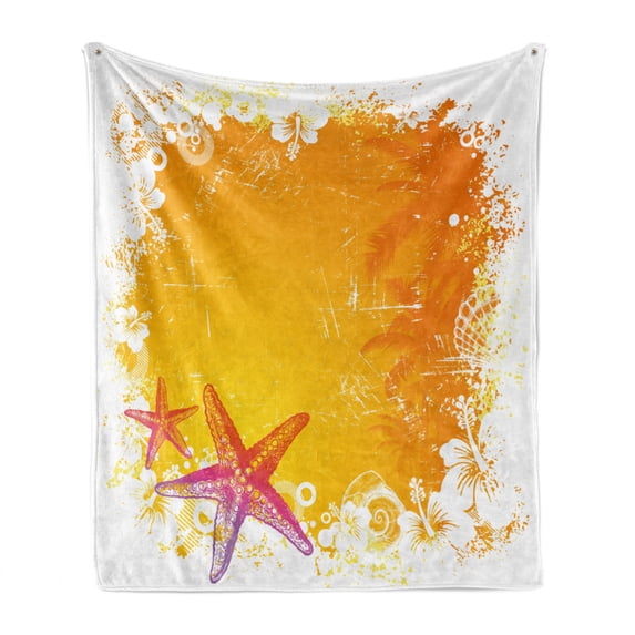 Starfish Soft Flannel Fleece Throw Blanket, Tropical Summer Beach with Exotic Flowers Seastars Hawaii Islands Fauna, Cozy Plush for Indoor and Outdoor Use, 50" x 70", Orange Yellow Pink, by Ambesonne