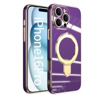 for iPhone 16 Pro Case with Magnetic Stand, [Compatible with MagSafe] [Ring Holder Kickstand] Plating TPU Shockproof Protective for iPhone 16 Pro Phone Case for Women Men, Darkpurple