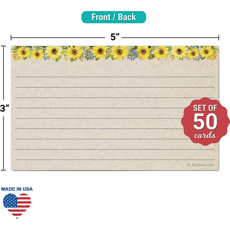 321Done Sunflower Index Cards - Made in USA - Small 3x5 (Set of 50) Rustic  Kraft Tan Narrow-Ruled Lined Notecards Double-Sided, Thick Heavy Duty  Cardstock, Cute Pretty Sun Flowers Floral Ruled Lines 
