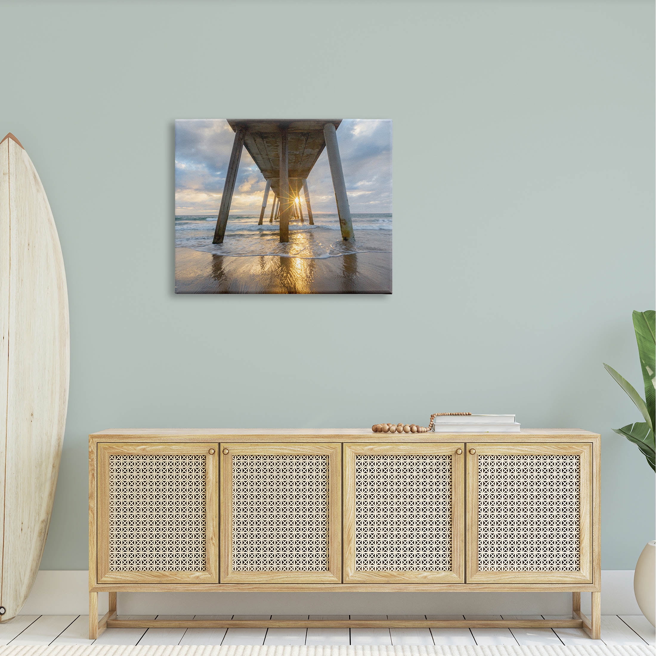 Looming Pier Beach Waves Coastal Photograph Gallery Wrapped Canvas Print Wall Art