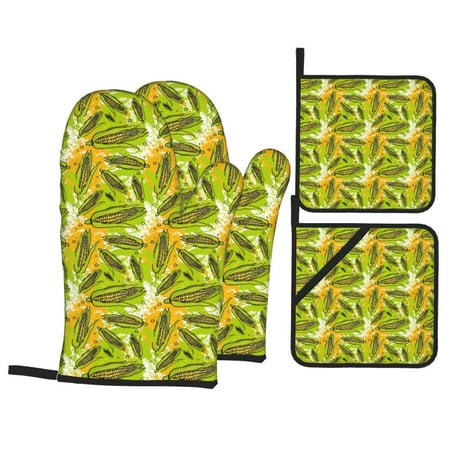 

Oven Mitts and Pot Holders Sets 4 pcs Autumn Harvest Cartoon Corn Non-Slip Oven Gloves Potholders Soft Quilted Lining Heat Resistant Gloves Hot Pads for Kitchen Cooking Baking