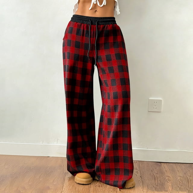 TaTaai Women's Loose Fit Lounge Trousers Plaid Wide Leg Design with Elastic Waist and Two Side Pockets Solid Color Casual Pants for Comfortable Daily Wear Gift