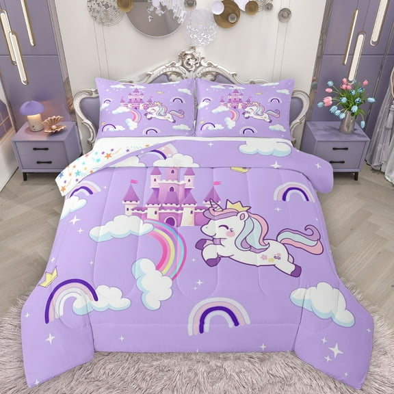Homewish Cartoon Rainbow 2pcs Bedding Comforter Set For Kids Boys Girls,Kawaii Animal Unicorn Twin Comforter Sets,Dreamy Princess Castle Breathable Bedding Set,Microfiber Bedroom Decor,Reversible