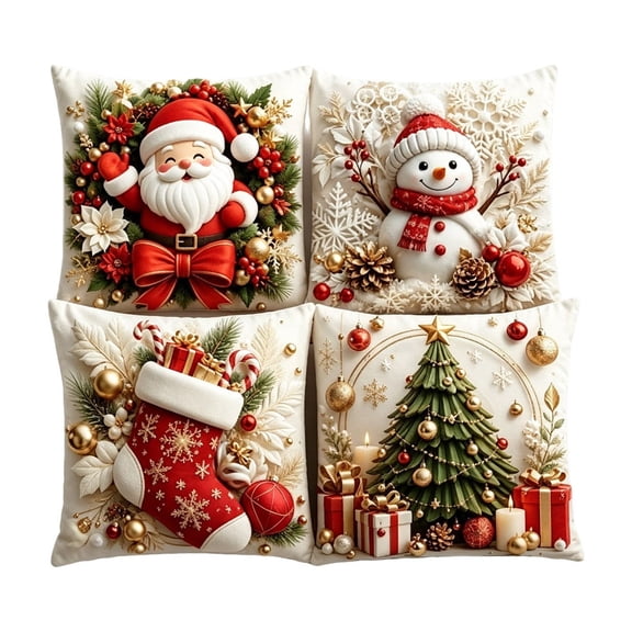 WWG Decorative Pillow Covers 18x18, Set of 4 Christmas Throw Pillow Covers, Holiday Themed with Snowman, Santa, Stocking, Tree, Fade Resistant, for Living Room Couch Sofa Bedroom Decor
