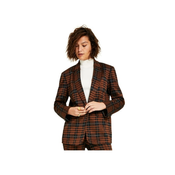 Bar III Womens Plaid Notch Collar Blazer Gaucho Brown Multi L