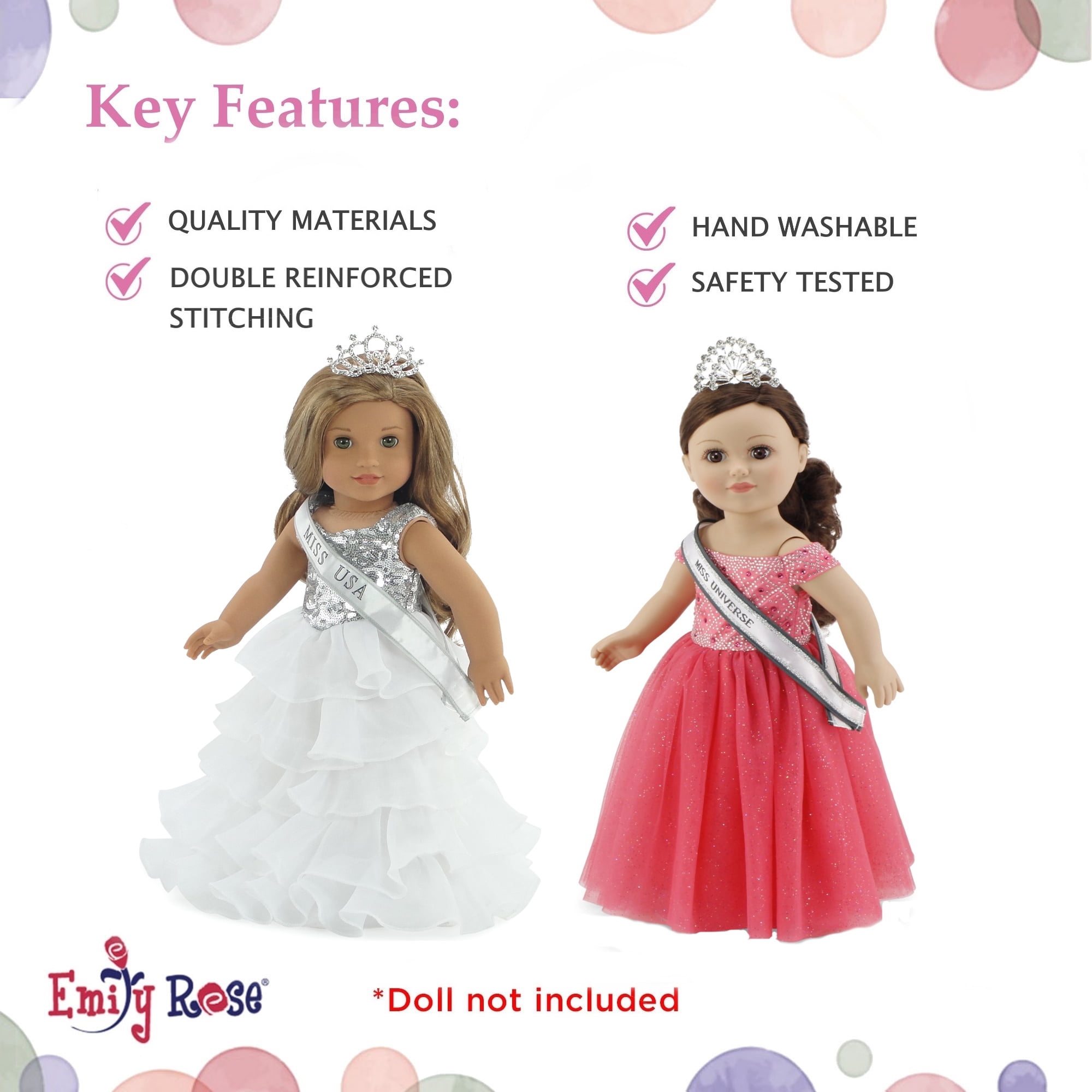 Emily Rose 18-inch Doll Stunning White Pageant Gown Dress & Sash/Crown Outfit Bundled with Our Lovely Salmon Colored Dress & Accessories 18" Doll Clothes Set | Compatible with American Girl Dolls