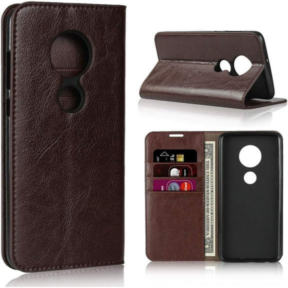 Motorola G7 Wallet Case, Premium Leather Folio Flip Full Body Case Cover Book Design with Kickstand Feature with Card Slots/Cash Compartment for Moto Motorola G7 Plus - Brown