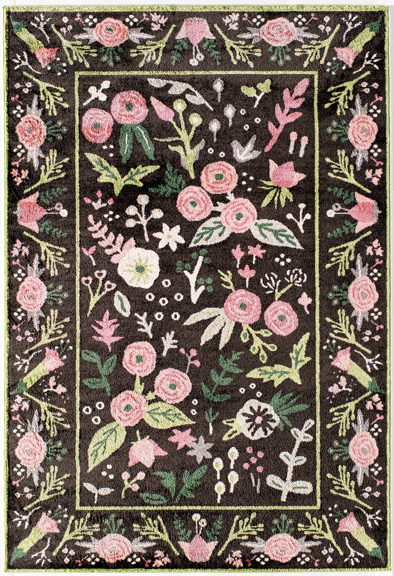 Rugs America Hanna VA30A Gardenia Pink Onyx Floral Transitional Black Area Rug, 5'x7'