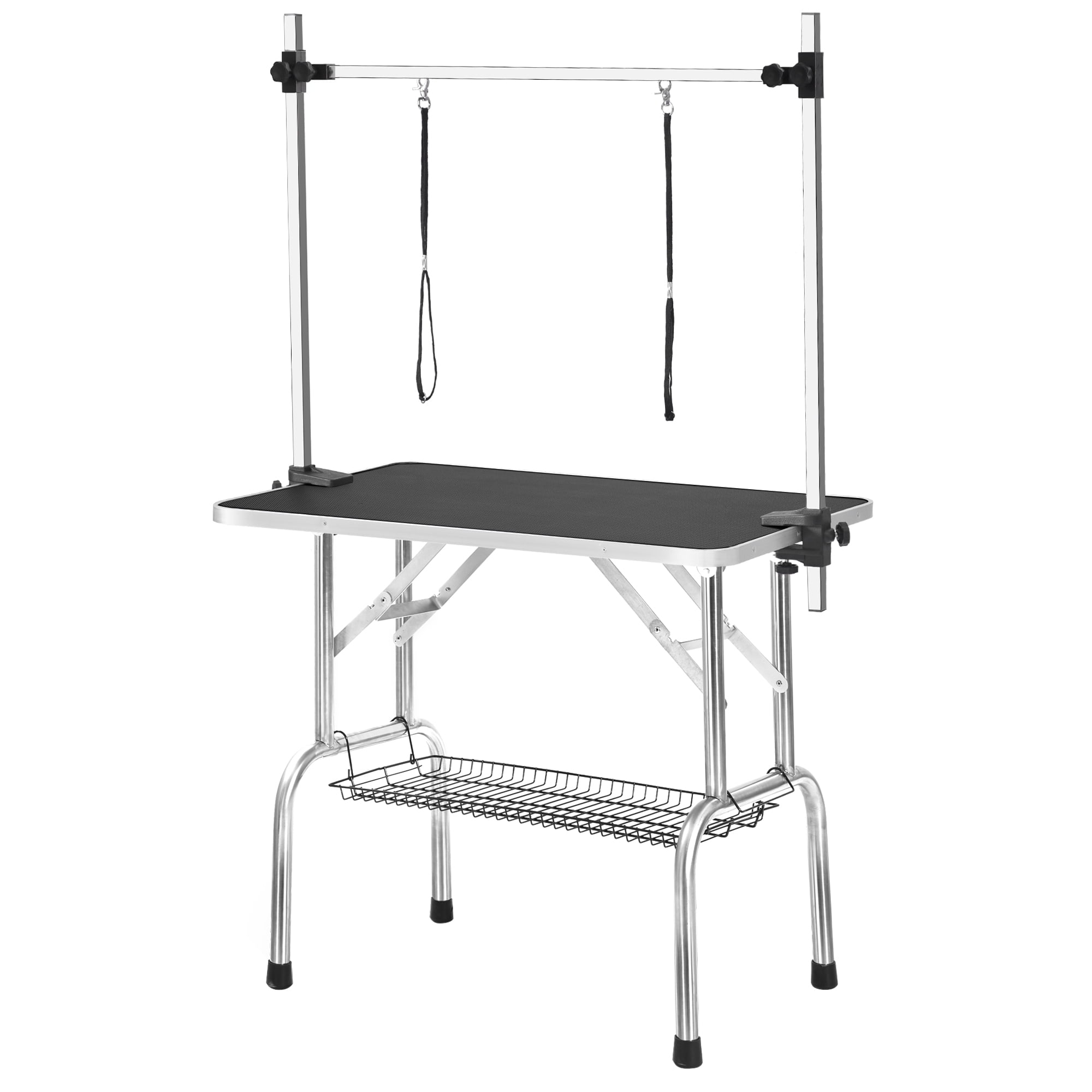 Leumius 36" Folding Pet Grooming Table with Adjustable Arm and Clamps Stainless Steel Frame for Dog and Cat Black