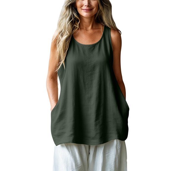 Sillenn Linen Tank Tops Flowy Scoop Neck Basic Tank Shirt Oversized Summer Casual Camisole Sleeveless Linen Shirts Loose Lightweight Gauze Tunic Blouses Plus Size Gauze Cami Shirts Blackish Green L