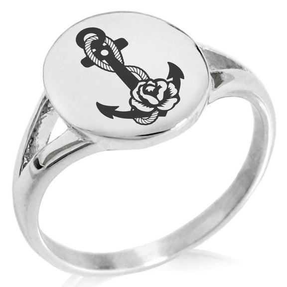 Stainless Steel Nautical Floral Rose Anchor Minimalist Oval Top Polished Statement Signet Ring