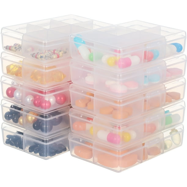 10 cajas de plástico transparente de 6 rejillas para guardar joyas y herramientas (transparentes)