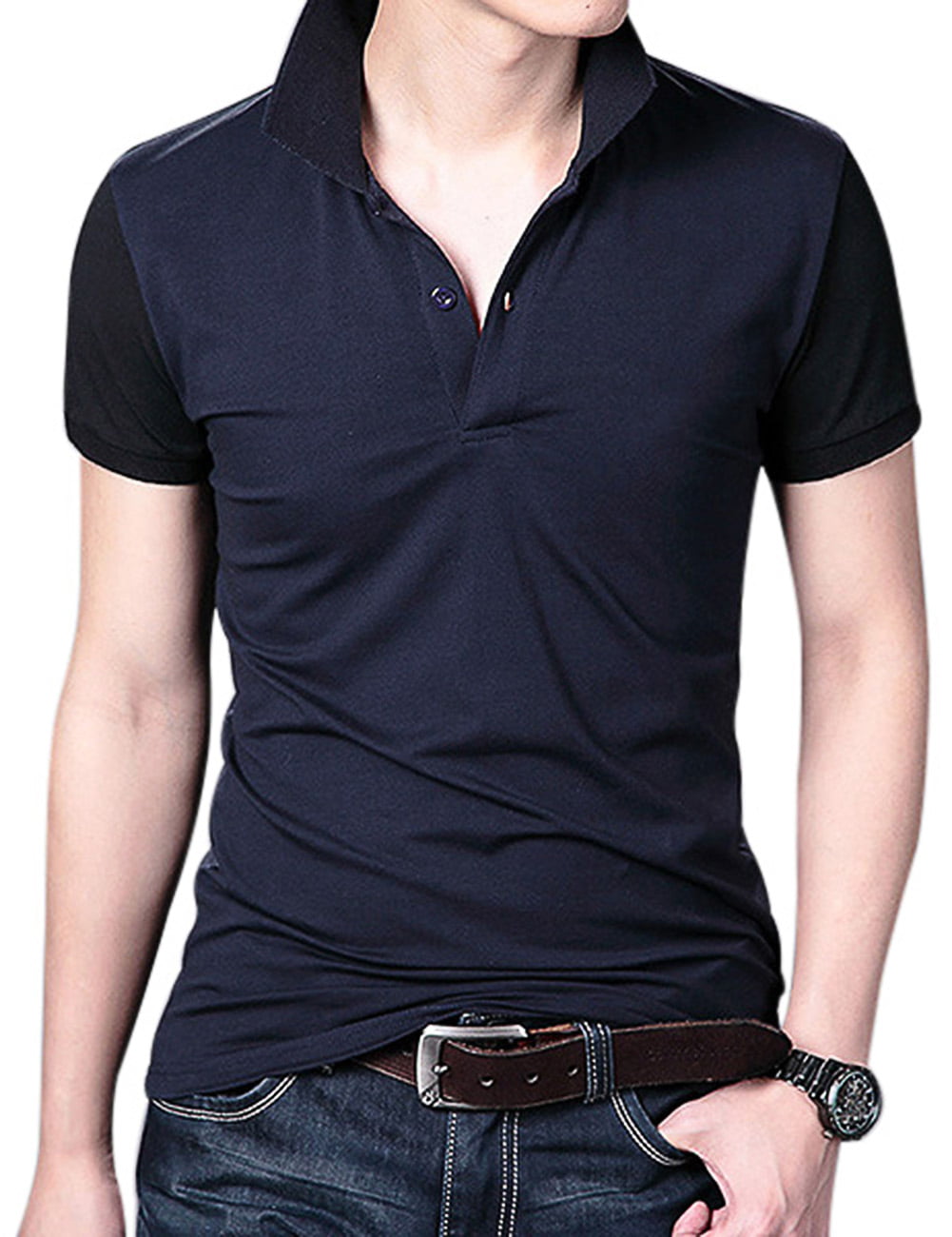 Men's Slim Fit Short Sleeve Cotton Polo Shirt Color:Black Sleeve Size ...