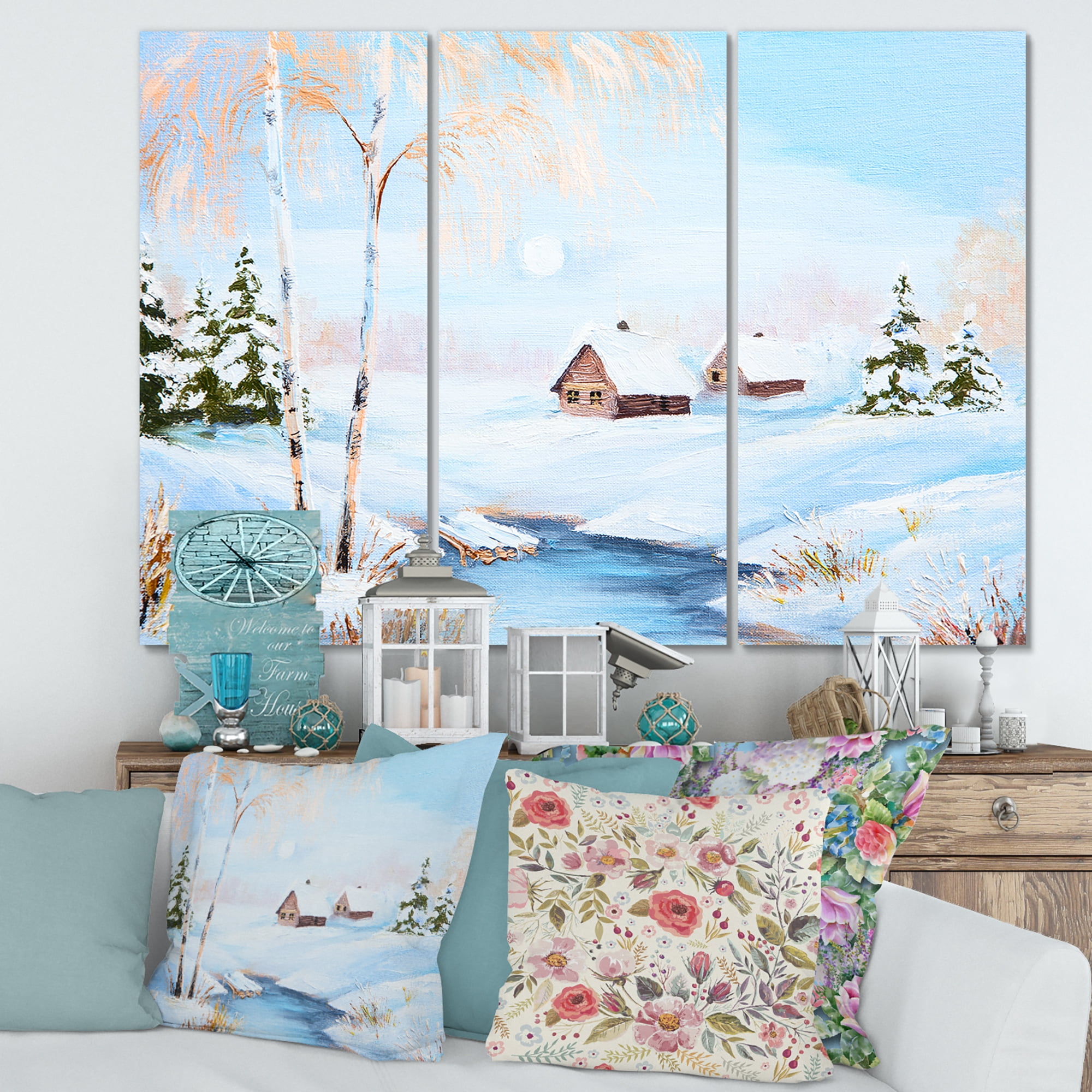 Designart ' Frozen River In The Forest Winter Landscape ' Lake House Canvas Wall Art Print