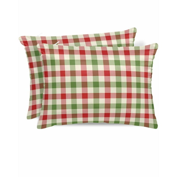 Hokiten Pillow Cases Standard Size Set of 2, Lumbar Pillow Covers, Christmas, Satin Pillowcases with Zipper for Hair/Skin, Vintage Red Green Buffalo Plaid Lattice 20x26 Inches