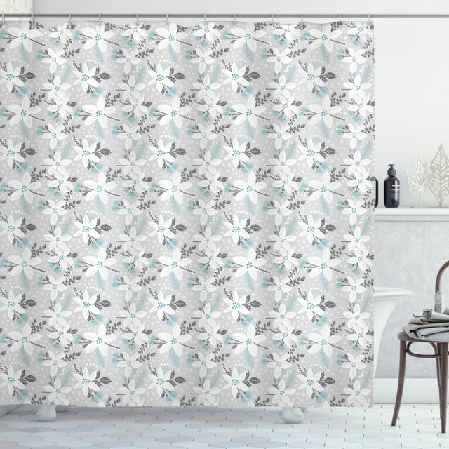 Ambesonne Winter Shower Curtain, Poinsettia Flora Vintage, 69"Wx84"L, Grey White Pale Blue