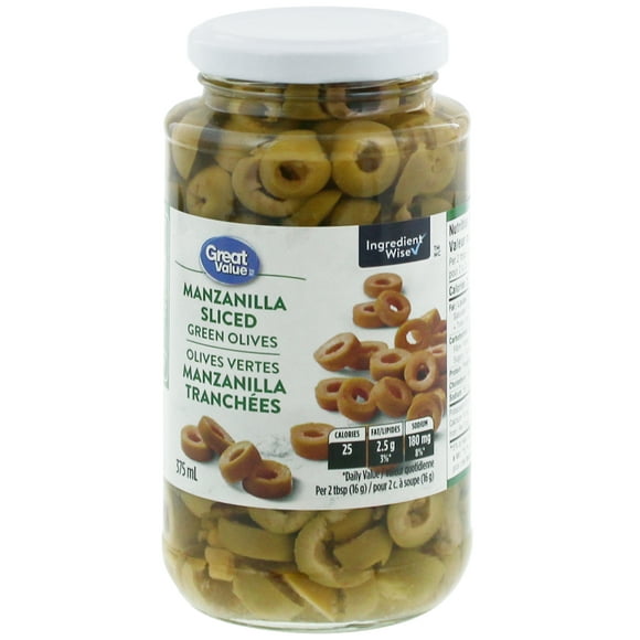 Great Value Manzanilla Sliced Green Olives, 375 mL