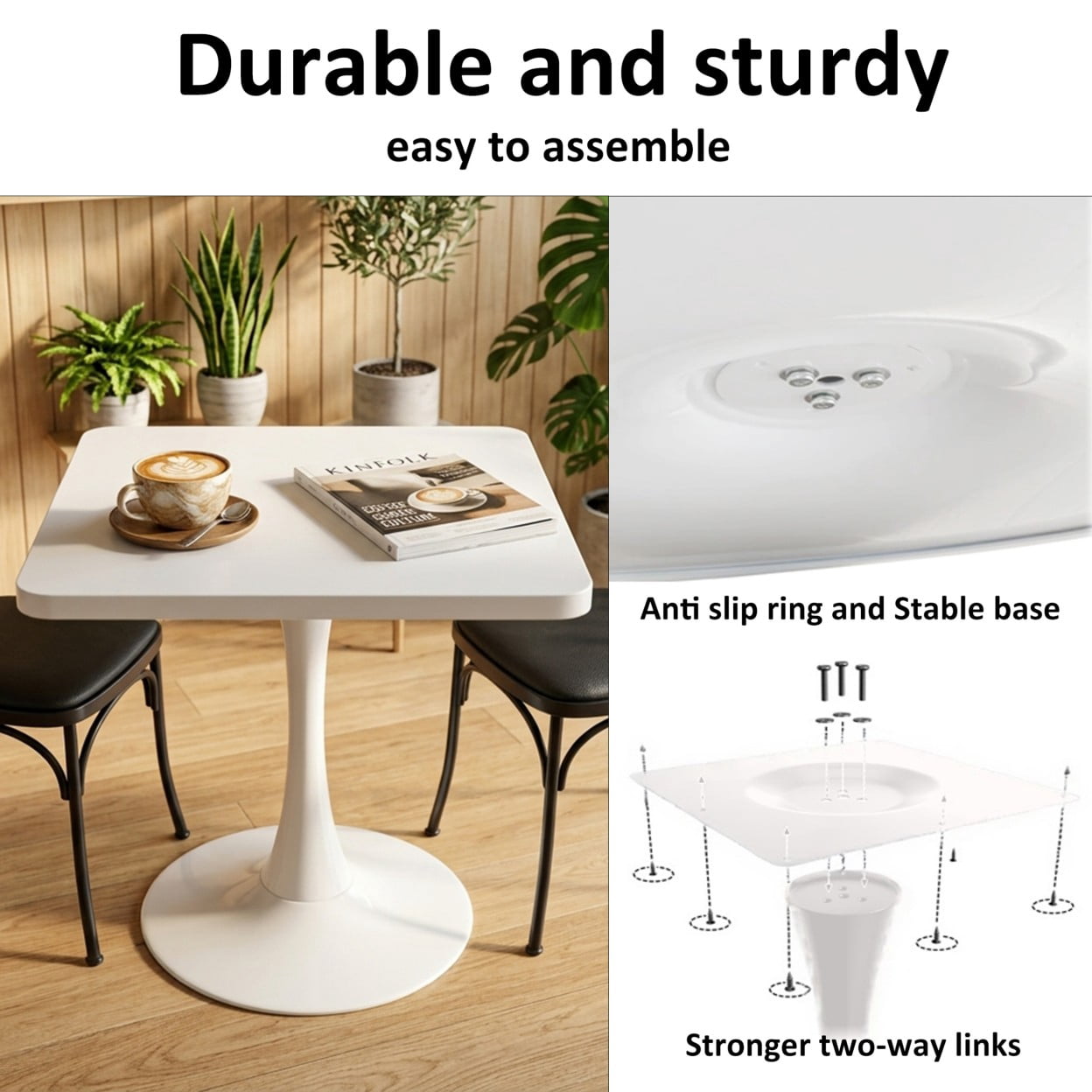 Square Dining Table, 27.6" Tulip Table with Metal Pedestal Base, Mid Century Modern Kitchen Table for 4, Small Space Bistro Table for Apartment, Living Room, Cafe, White
