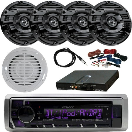 Kenwood KMRD375BT Motorsports Single DIN CD Bluetooth Receiver, 4 x Kenwood 6.5" 2-Way 150W Marine Speakers (Black), 10" Woofer/Amplifier Combo Package, Amp Kit, Radio Antenna