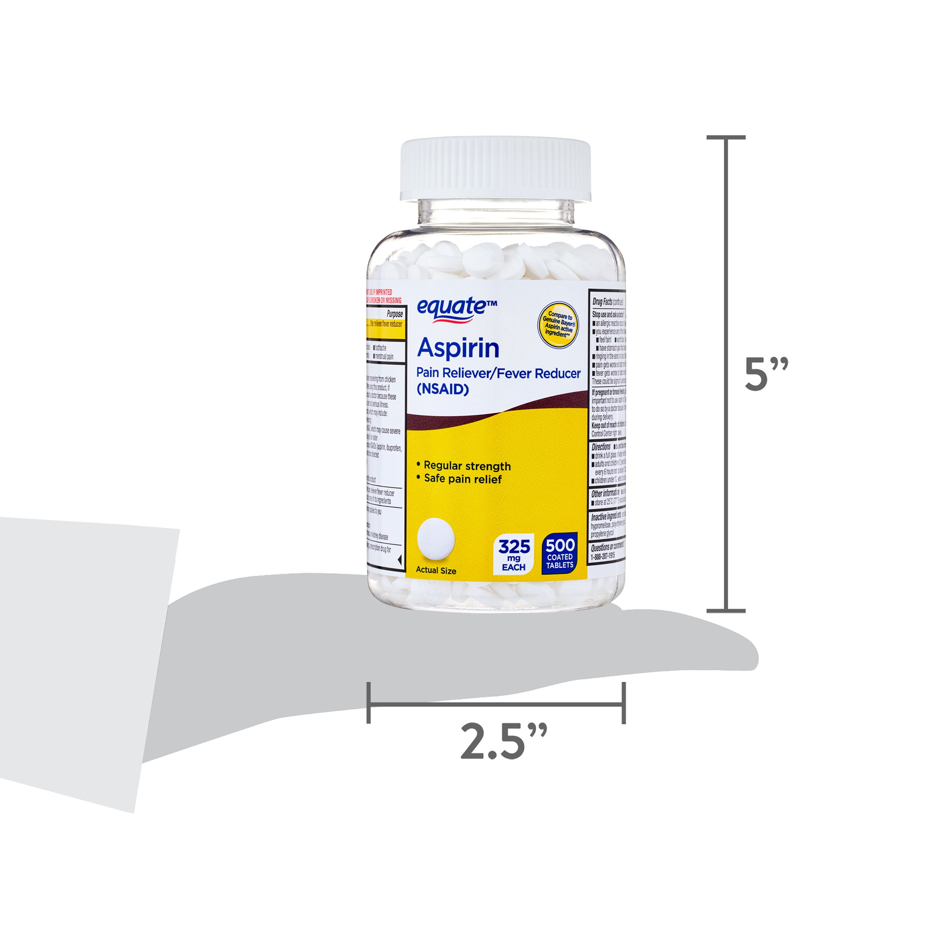 Equate Aspirin Pain Reliever/Fever Reducer Coated Tablets, 325mg, 500 Count, Compare to Genuine Bayer® Aspirin Active Ingedient