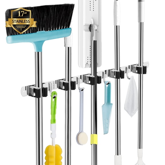 Mikhai 5 Racks and 4 Hooks Mop and Broom Holder Wall Mount, Broom Organizer Storage Tool Racks Stainless Steel Heavy Duty Hooks Self Adhesive Solid Non-slip for Home Kitchen Garden Laundry Garage