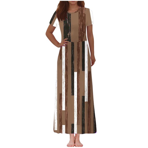 Vestido Corto de Verano de la Moda de las Mujeres Impreso de Manga Corta Cuello Redondo Tobillo de Longitud Vestido Casual