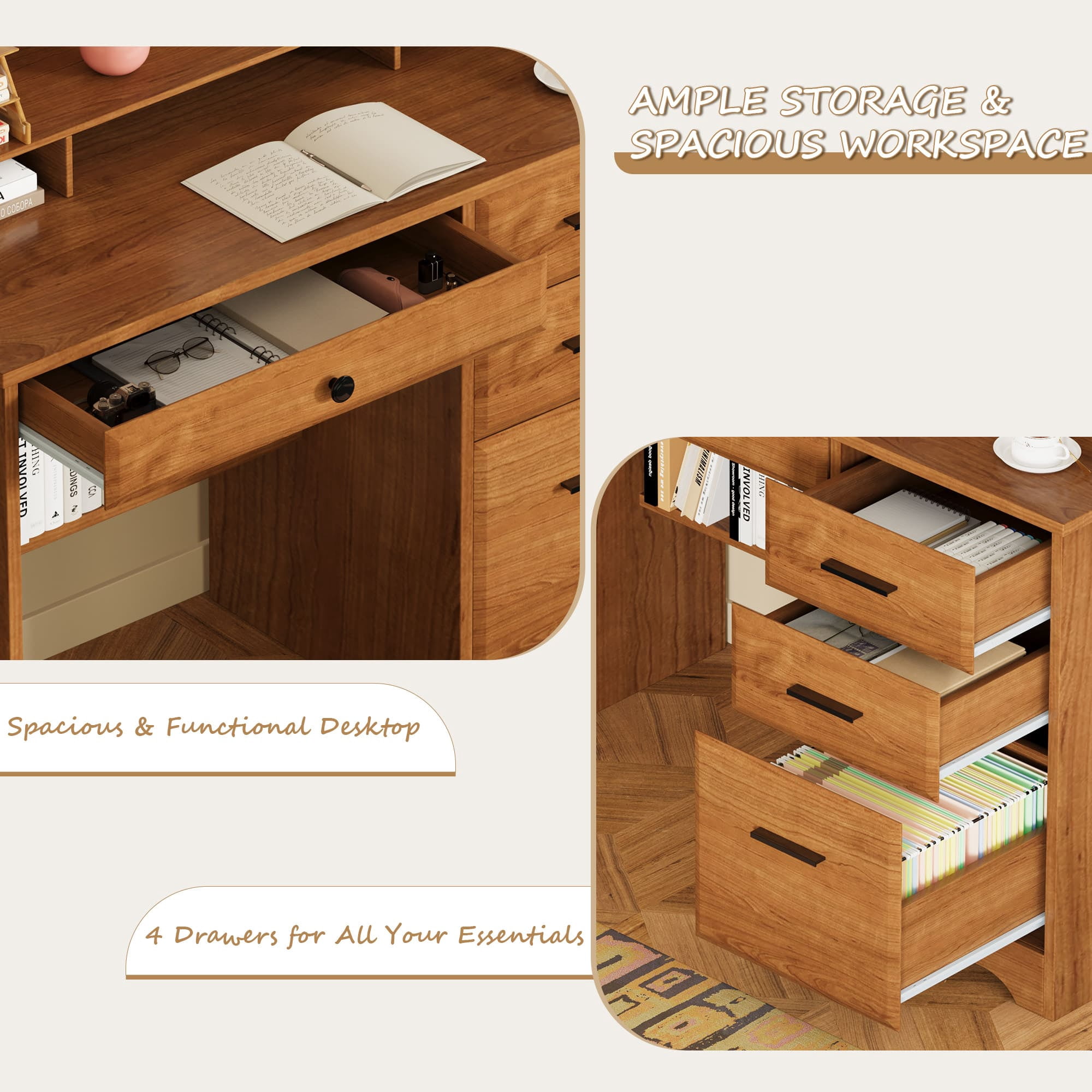 4 EVER WINNER Computer Desk with Drawers & Monitor Stand for Small Spaces, Wood Home Office Desk with File Cabinet, Writing Study Table for Bedroom Home Office, Brown