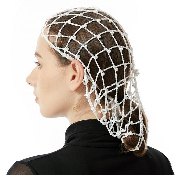 RUISINERY Elegant Handmade Crochet Snood Hair Net Turban Hat for Women with Pearls Bead Decoration Great for Weddings and Parties