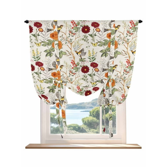 Vintage Flower Tie Up Curtains for Windows 63 Inch Length Balloon Curtains Kitchen Adjustable Balloon Window Shade Farmhouse Bird Butterfly Red Floral Tie Up Valance Bathroom Curtain Window 52"x63"