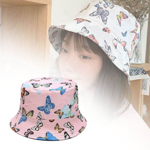 Chapeau de Pêcheur Imprimé Papillon Été Coton Réversible Chapeau de Soleil Extérieur