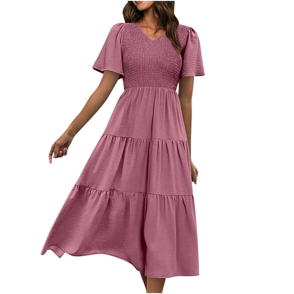 up to 60% off Gifts Usmixi Summer Dresses for Women Beach Casual Elastic Waist Flowy Ruffle Swing A Line Long Sundress 2023 Short Sleeve V-Neck Solid Maxi Formal Dress Pink m