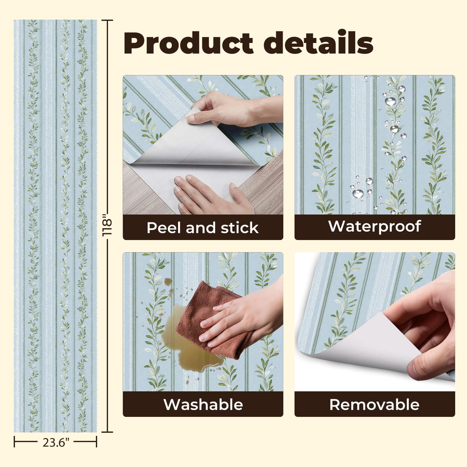 Sage Green Peel and Stick Wallpaper Elegant Floral Vine Light Blue Subtle Stripes Wall Mural 23.6in x 9.8ft Self Adhesive Removable Wall Paper Renter Friendly Wallpaper for Girls Bedroom
