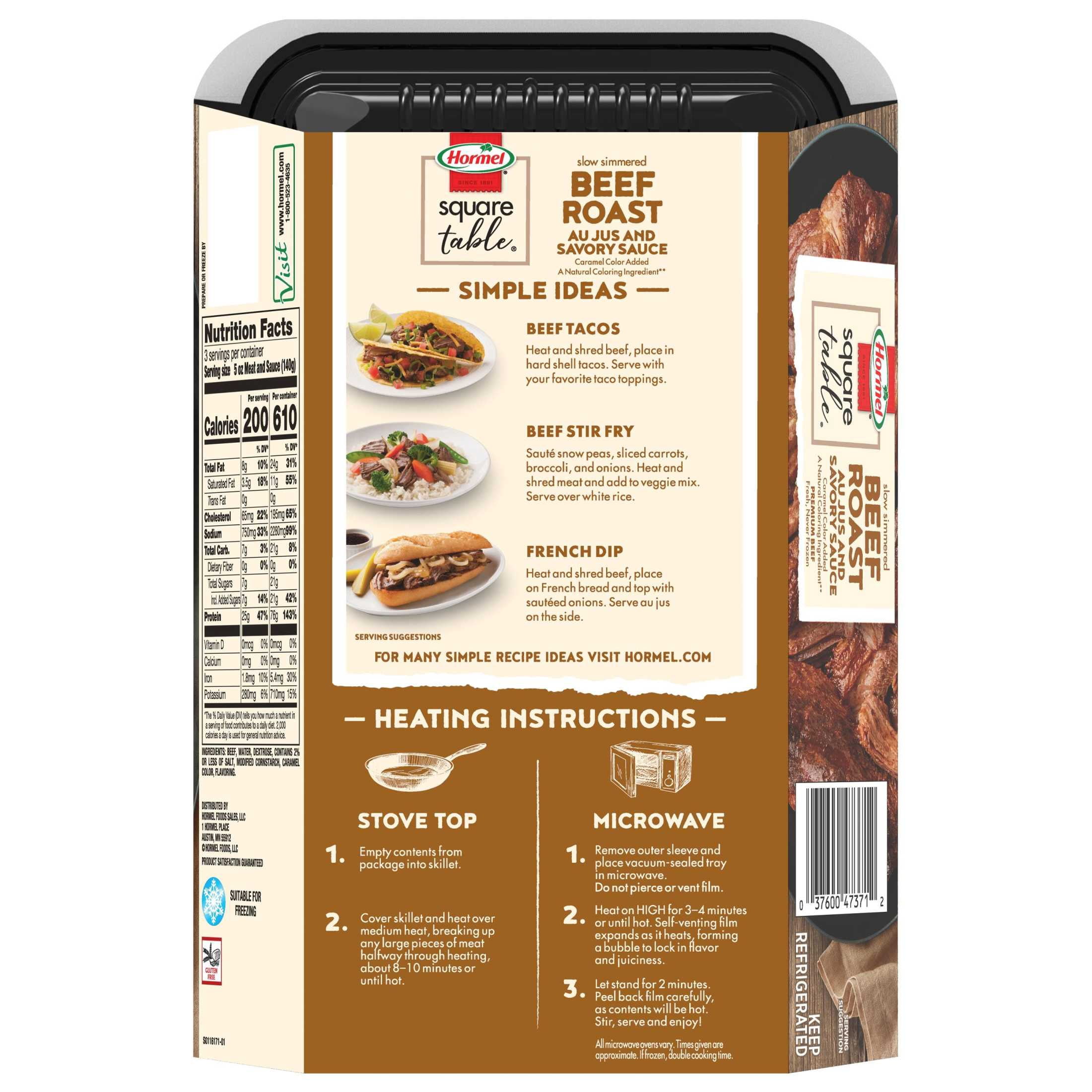 HORMEL SQUARE TABLE Slow Simmered Beef Roast Au Jus and Savory Sauce, Refrigerated, 15 oz Plastic Microwaveable Tray