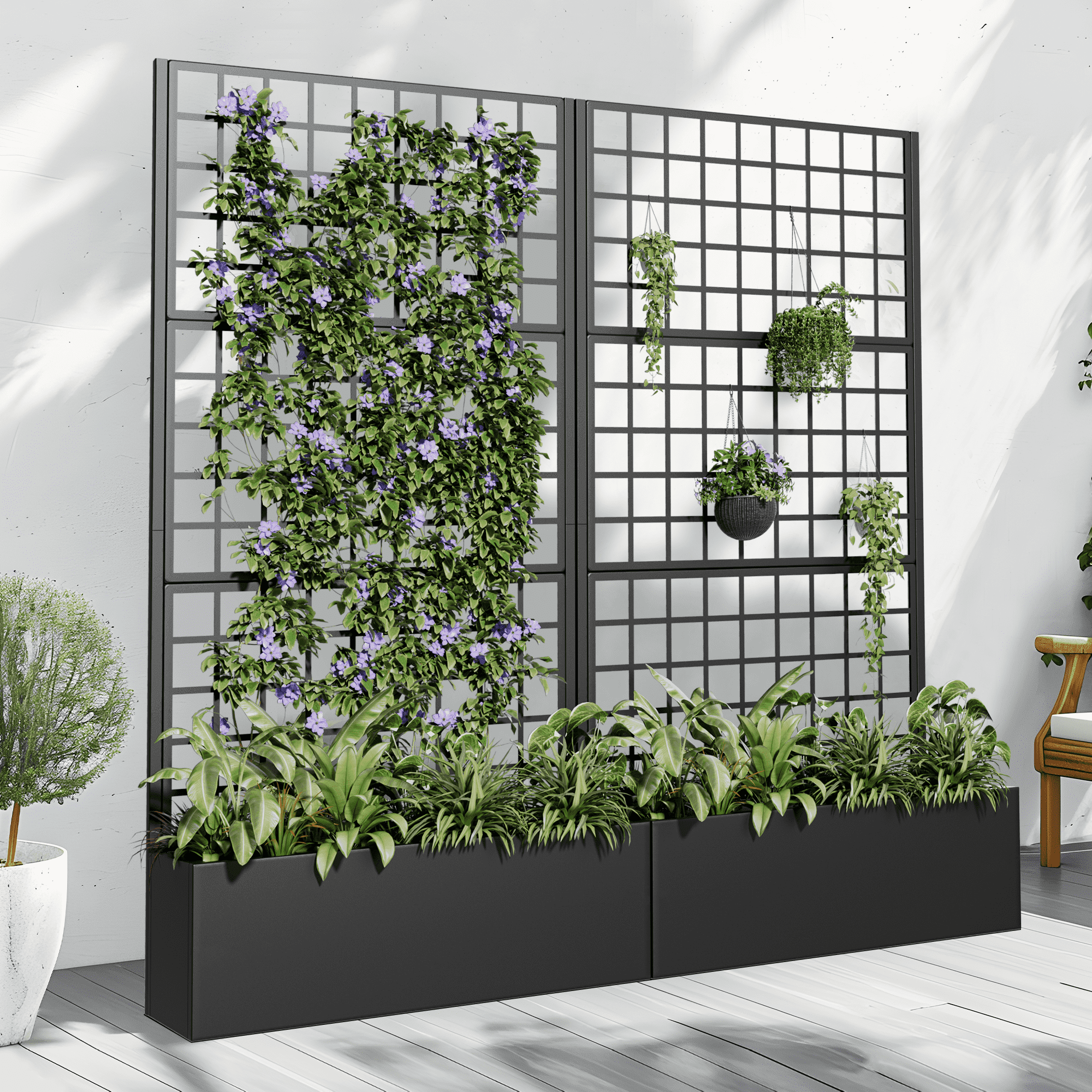 MAYEERTY 35*16*71"Outdoor Black Metal Planter with Rect Climbing Trellis, Drainage hole & Wheels, Grid Pattern