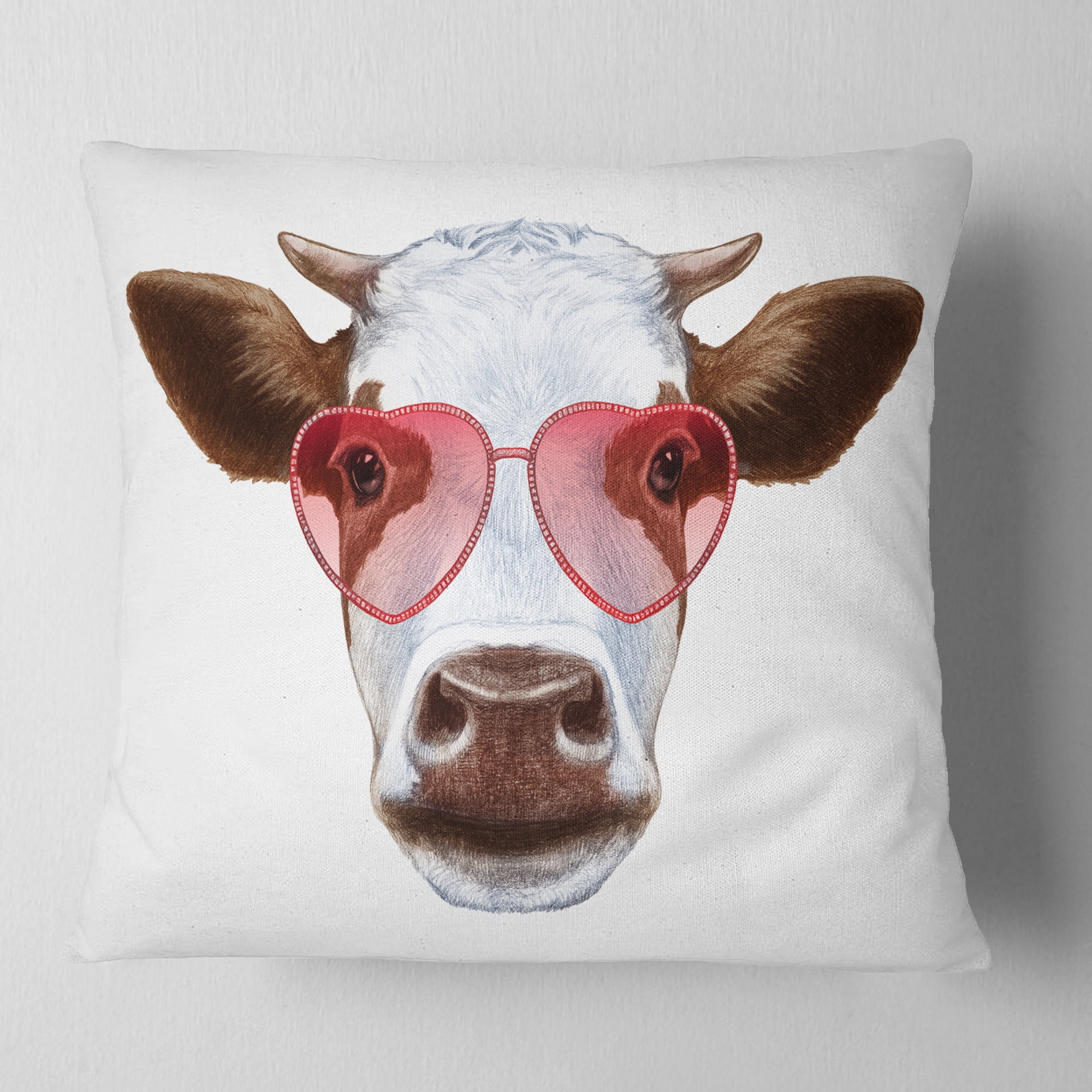 Designart Cow with Red Heart Glasses - Animal Throw Pillow - 16x16