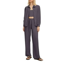 Wdfiry 3 Piece Sets Women Clothing Vacation Outfits for Women Solid Color Long Sleeve Turndown Collar Coat Casual Wide Leg Pants Tube Top Three Piece Set