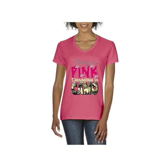 Normal is Boring - Women's T-Shirt V-Neck Short Sleeve, up to Women Size 3XL - Pretty in Pink Dangerous in Camo