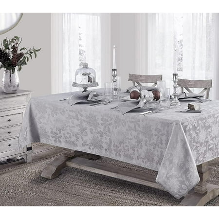 

“Christmas Carol” Holiday Noel Damask Tablecloth Holly Leaf and Poinsettia Weave Damask Soil Resistant Wrinkle Free Easy Care Tablecloth 60” x 102” Oblong/Rectangle Grey