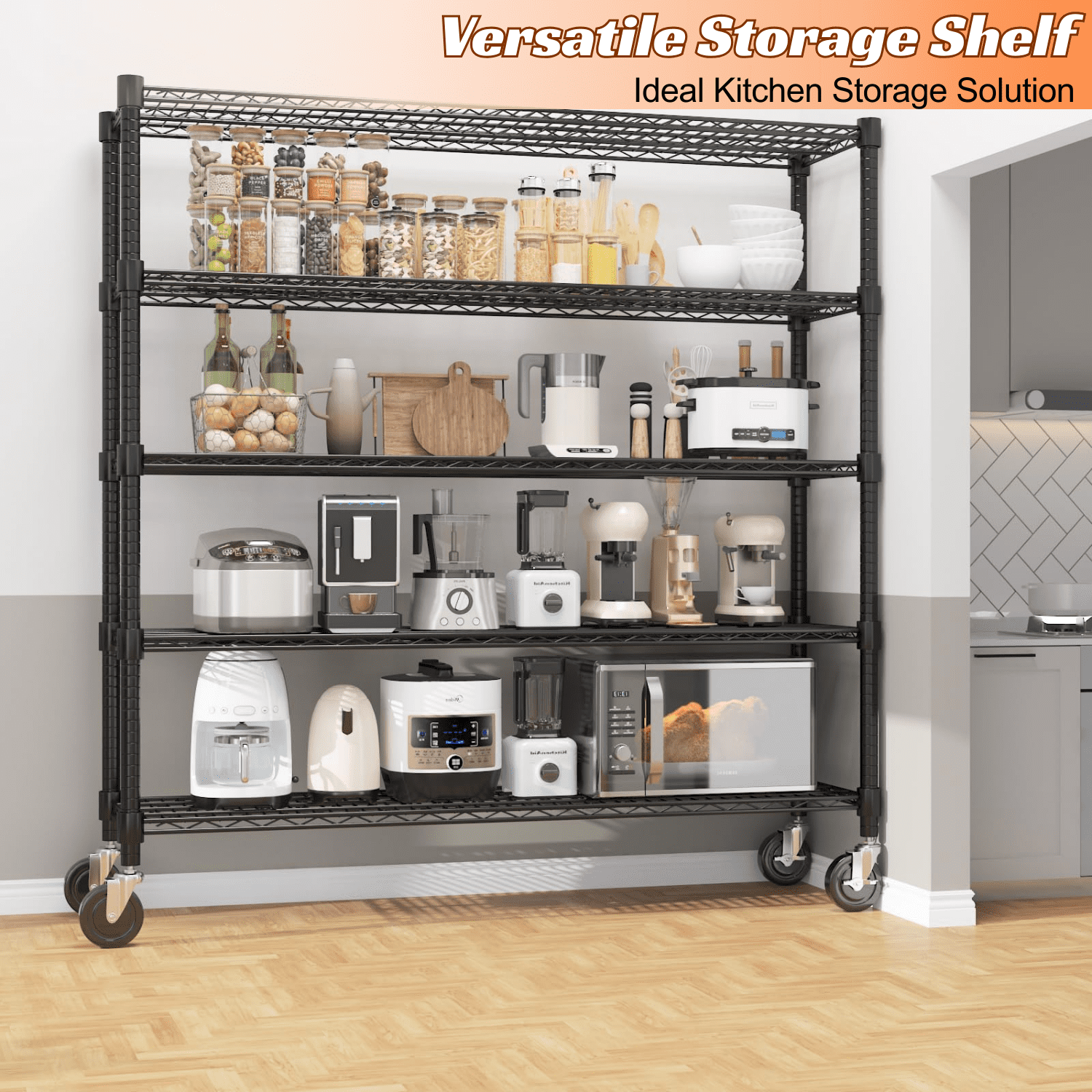 Legooin 5-Tier Heavy Duty Garage Storage Rack Rolling Shelving Unit with Wheels 18x60x82 inch Industrial Wire Shelves, Black