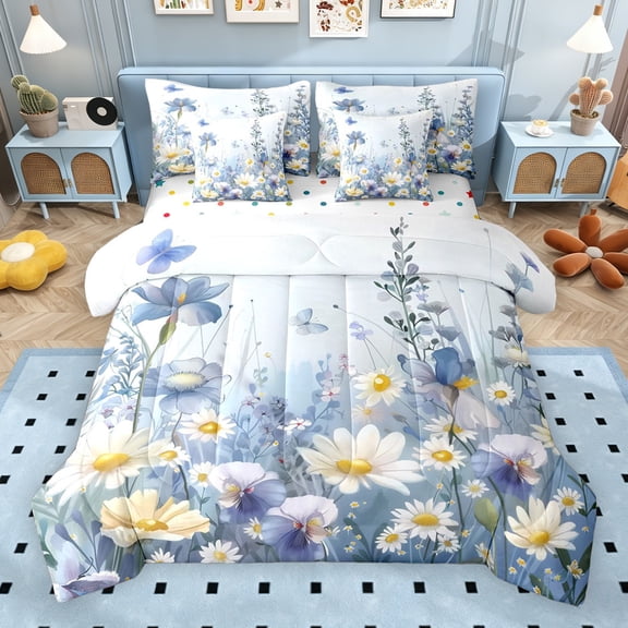 Erosebridal Blue White Floral Twin Bedding Sets for Girls, Dreamy Garden Bedding Comforter Set, Polka Dots Reversible, 7 Pieces