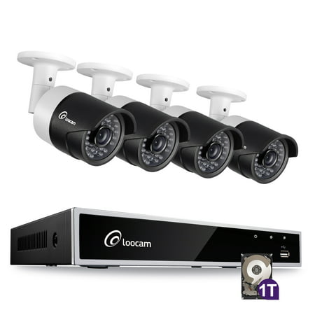 Loocam 1080P 4CH HD-TVI Video Security Camera System DVR Surveillance Camera Kit and 4 PCS 2.0MP Wired Indoor /Outdoor IR Weatherproof Camera 150FT Night Vision with IR Cut(1TB Hard