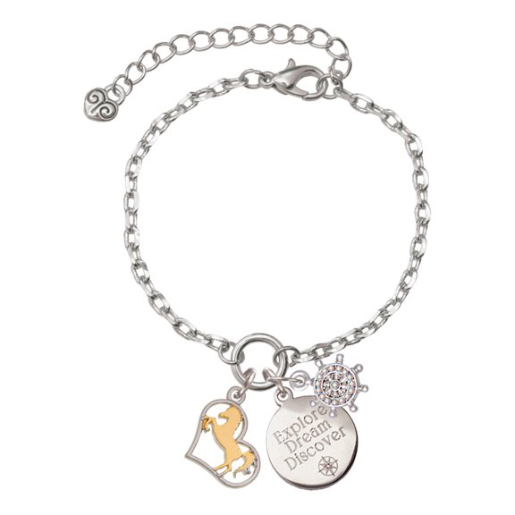 Delight Jewelry Two-tone Stallion Silhouette Heart Silvertone Discover Dream Explore Zoey Charm Bracelet, 6.5 2" Extender