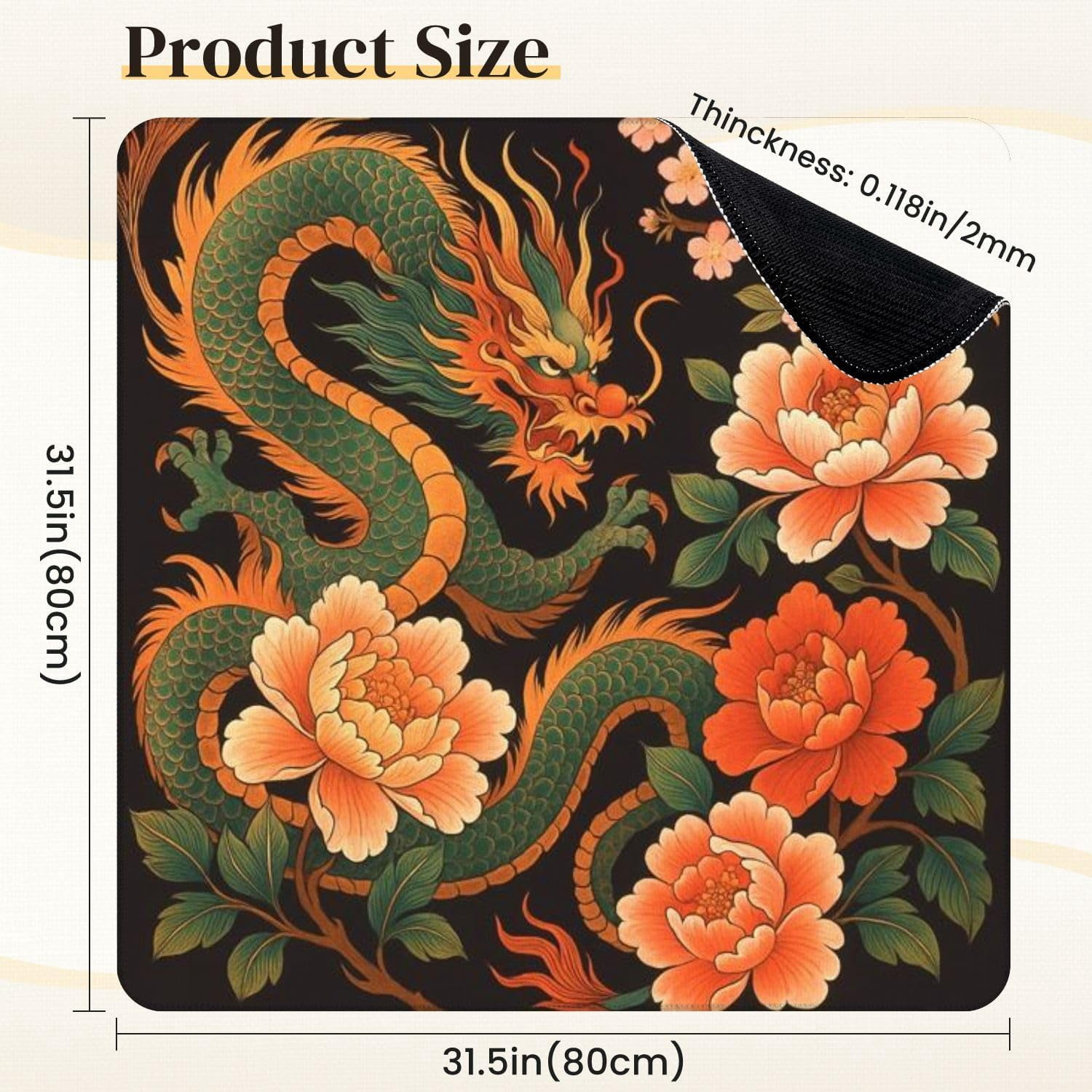 Mahjong Mat for Table Chinese Dragon Peonies Floral Elements Vintage Style 31.5" x 31.5" Non-Slip Noise-Reducing Game Mat Premium Mahjong Accessories for Poker Dominoes Board Games