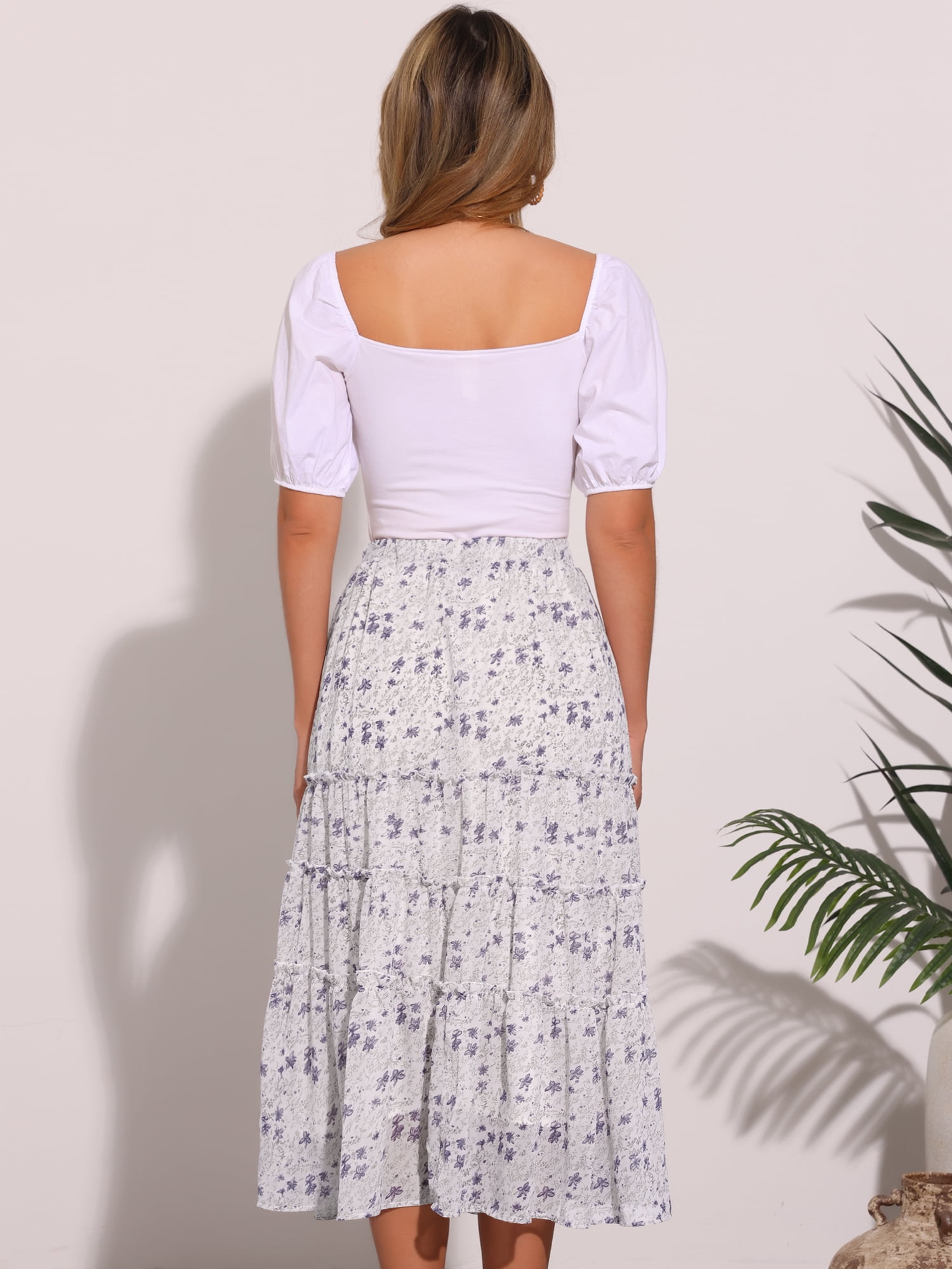DARING DIVA Women's Chiffon Tiered A-Line Maxi Skirt S White Flower