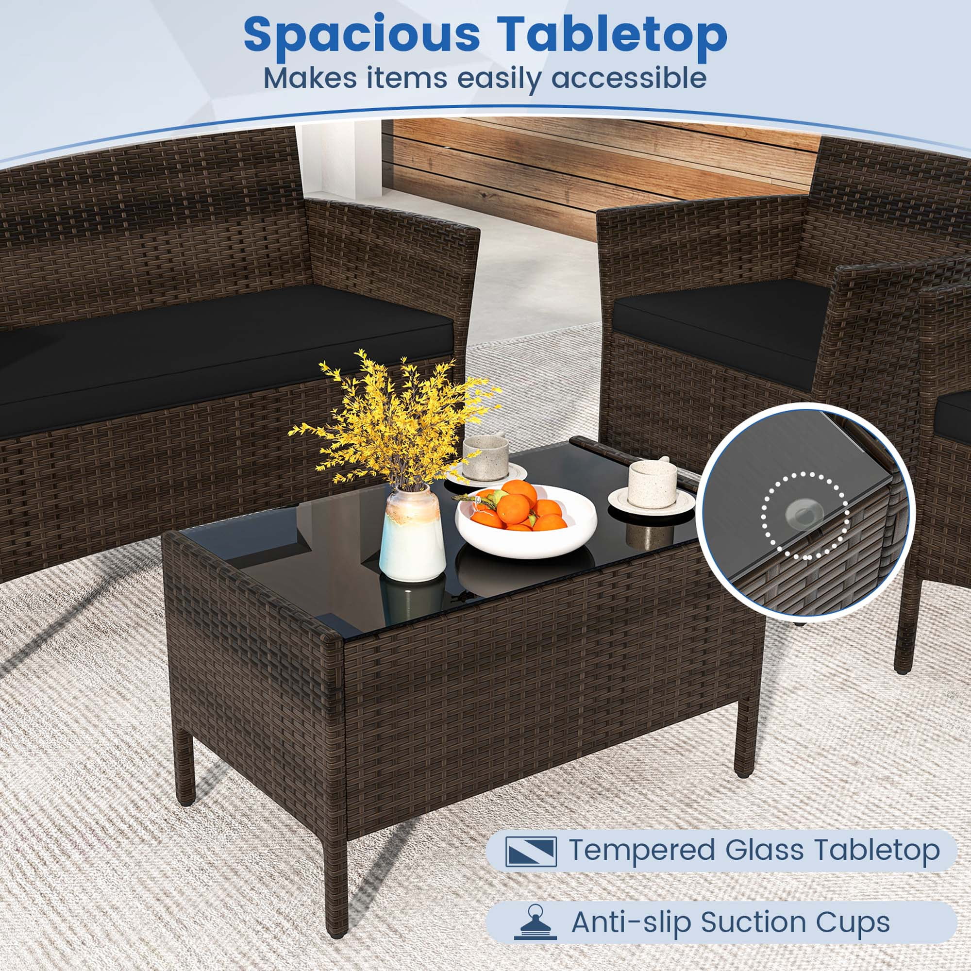 Costway 8 PCS Patio Furniture Set with Washable Cushions and Tempered Glass Coffee Table Black