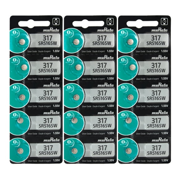Strip of 15 Genuine Fresh Murata 317 SR516SW Silver Oxide Watch 1.55v Batteries